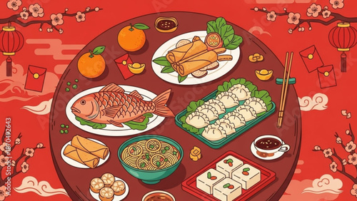 Traditional chinese new year dinner table with various dishes and decorations with traditional food and celebration and festival and red background