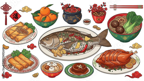 Vibrant chinese new year feast with whole fish oranges spring rolls and traditional dishes on decorative plates and bowls symbolizing abundance and prosperity