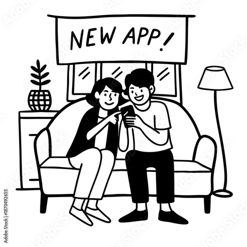 Happy young couple using smartphone, wife pointing at cellphone screen, sitting on sofa in living room interior at home. New app ad, banner