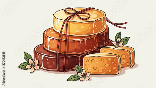 A stack of three glazed donuts with a brown ribbon on top and two slices of cake with flowers on a white background with food and dessert and sweet