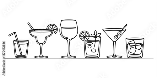A continuous line art illustration of various cocktail and beverage glasses in a row Vector, illustration