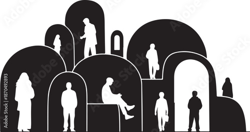 Silhouettes of people in arched architectural structures