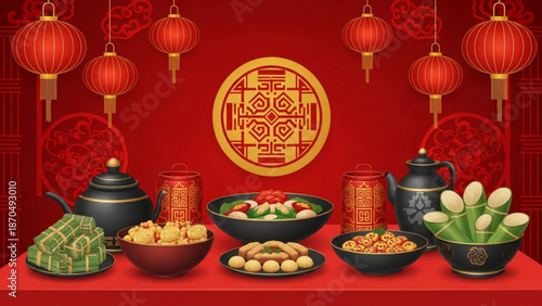 Traditional chinese new year celebration table setting with red lanterns and decorative food with traditional food and festive and cultural and lunar new year