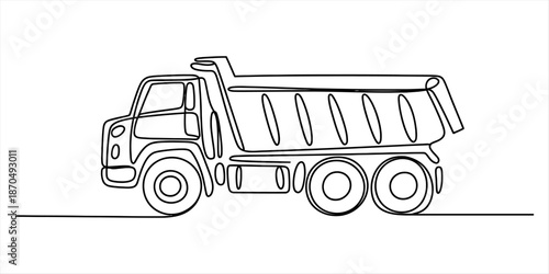 Continuous line drawing of a dump truck, a minimalist black outline illustration Vector, illustration