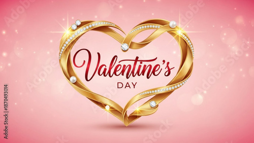 Elegant golden heart ribbon with Valentines Day text adorned with pearls and diamonds perfect for romantic celebrations and greeting cards