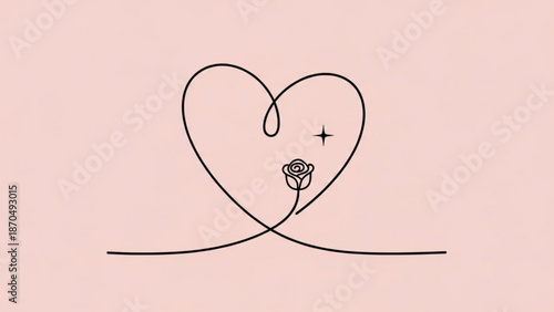 Minimalist single line drawing of a heart with a rose and star elegant symbol for love and romance isolated on soft pink background
