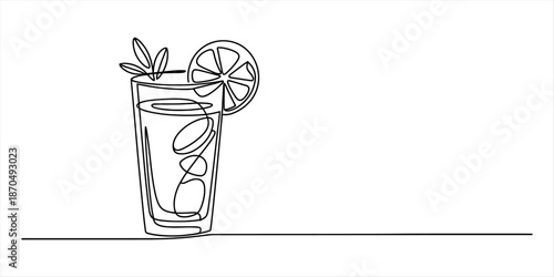 Continuous line drawing of a refreshing cocktail or lemonade in a tall glass, garnished with lemon and mint Vector, illustration