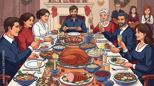 A large group of people sitting around a table filled with food and drinks during a festive holiday meal with a warm fireplace in the background