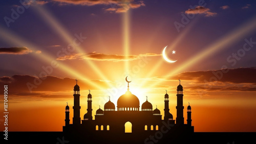 Silhouette of a mosque with crescent moon and sun rays at sunset symbolizing Islamic faith and spirituality perfect for religious or cultural themes