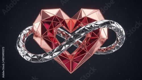 Geometric heart shape intertwined with an infinity symbol representing eternal love and connection rendered in a modern abstract 3D style