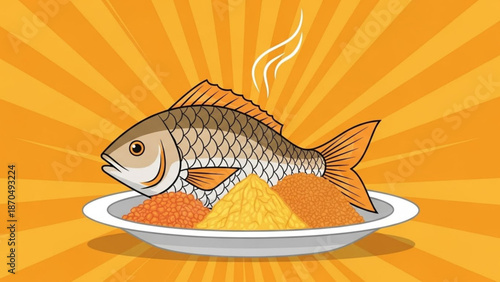 Delicious steaming plate of food with a large fish on top of rice and beans on a vibrant orange background with sunburst pattern with meal and seafood