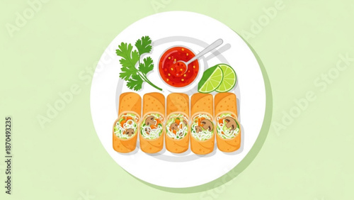 Delicious spring rolls on a plate with dipping sauce and fresh herbs with asian cuisine and crispy rolls and food illustration and appetizer