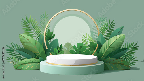 Green background featuring palm leaves with a decorative gold ring in the center..eps