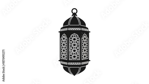 Ornate black Moroccan lantern traditional Islamic geometric pattern decorative lighting element for Ramadan and Eid celebrations isolated on white