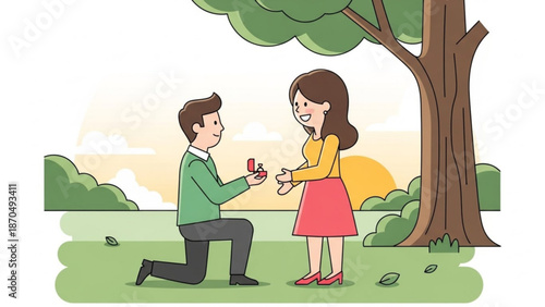 Man proposing marriage with ring box to woman in park romantic proposal scene flat vector illustration for wedding or relationship concepts