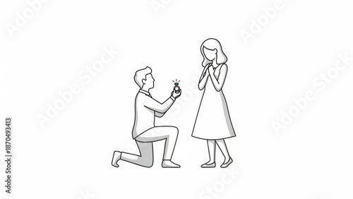 Man proposing with engagement ring to surprised woman simple line art illustration for wedding and relationship concepts isolated on white