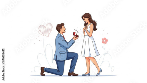 Man proposing marriage to woman with engagement ring romantic gesture of love and commitment illustration for wedding or relationship concepts