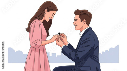 Man proposing with engagement ring to happy woman romantic gesture for marriage proposal illustration for wedding or relationship concepts
