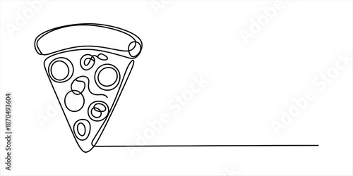 Continuous line art drawing of a single slice of pizza with various toppings on a white background Vector, illustration