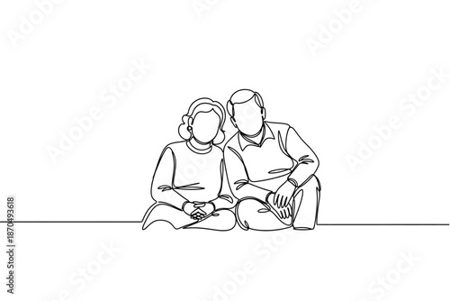 Continuous Line Drawing of Senior Couple Sitting Together, Illustrating Love and Partnership
