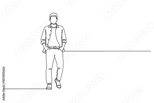 Continuous single line drawing of a casually dressed young man walking, standing confidently, with copy space