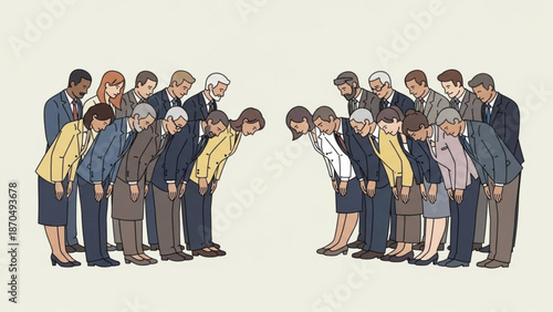 Two groups of diverse business people bowing to each other in a gesture of respect or greeting in a formal setting with professionals and two lines