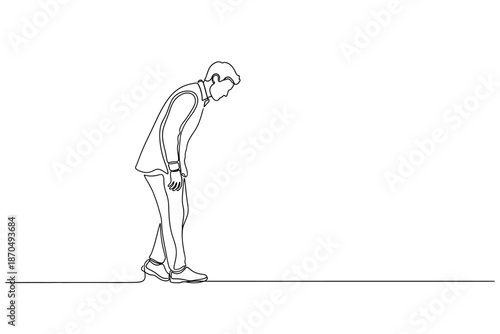 Minimalist continuous line drawing of a man bending down in a gesture of respect, apology, or observation