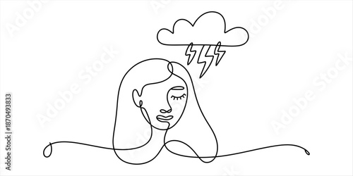 Continuous line drawing of a sad woman with a storm cloud over her head Vector, illustration