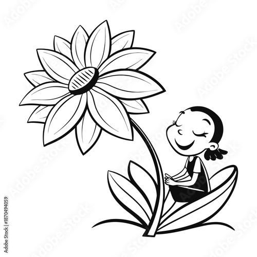 Joyful girl reading beside sunflower