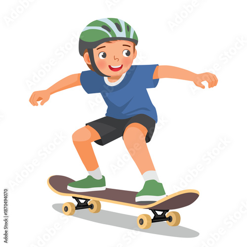 Little boy riding skateboard wearing helmet