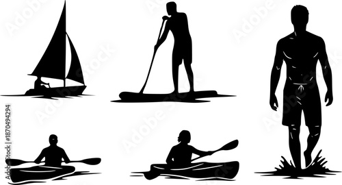 Set of water sports silhouettes. Vector icons of kayaking, sailing, stand-up paddleboarding (SUP) and man walking in water