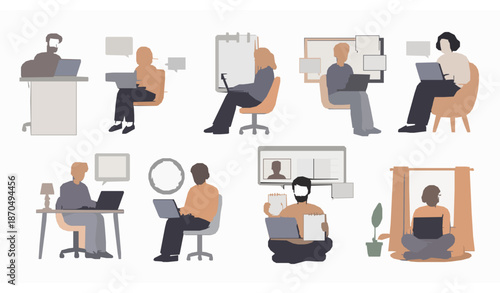 Remote work benefits vector illustration scenes with people organizing workflow
