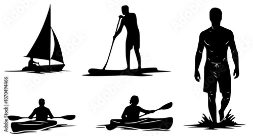 Set of water sports silhouettes. Vector icons of kayaking, sailing, stand-up paddleboarding (SUP) and man walking in water