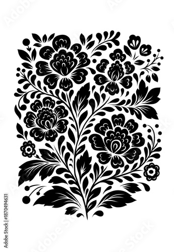 Vector monochrome folk art decorative floral card. Black silhouette of slavic tracery ornament with flowers on white background