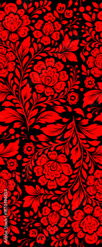 Vector decorative tracery floral pattern. Lace texture. Monochrome ornament with red flowers on black background