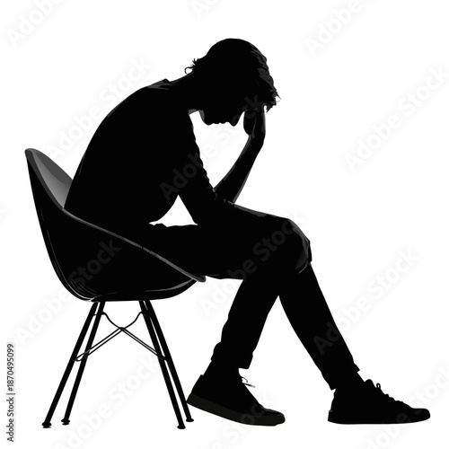 Silhouette of a Depressed Man Sitting on a Chair, Head in Hands on transparent Background. Vector Illustration of Man Suffering from Depression and Anxiety on transparent Background.