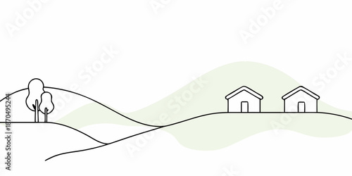 Simple landscape illustration featuring rolling hills trees and minimalist houses