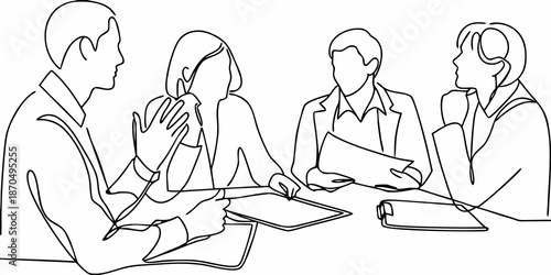 A simple line drawing depicts four people in a business meeting setting