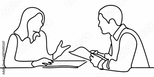 A minimalist line drawing depicts a couple in a thoughtful conversation