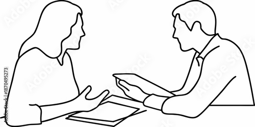 A simple line drawing depicting a conversation between a man and a woman