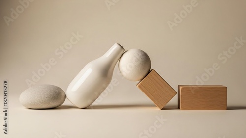 Abstract 3D Composition of Balancing Geometric Shapes, Wooden Blocks, and Ceramic Forms in Neutral Tones