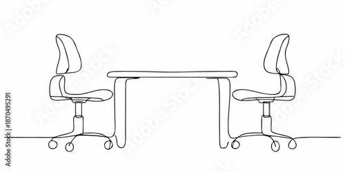 Minimalist line drawing of a table and two office chairs facing each other