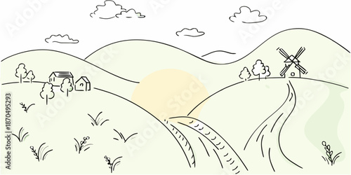 A simple sketch of a rural landscape with hills a windmill and a house