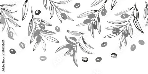 Delicate olive branch and fruit illustration against a dark background