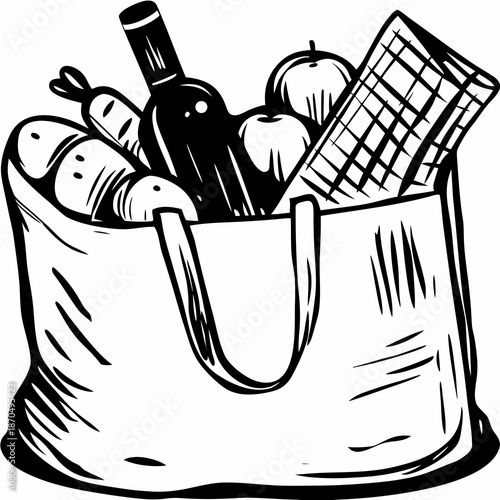 A black and white sketch depicting a picnic basket filled with food items
