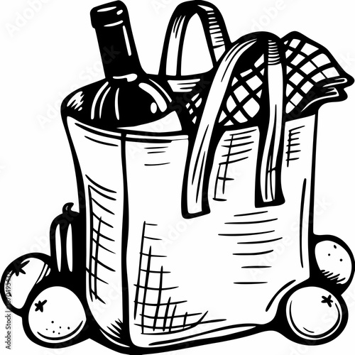 A charming sketch of a picnic basket filled with wine and fruit