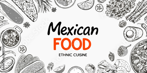A detailed illustration showcasing various elements of traditional mexican cuisine