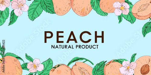 A vibrant illustration featuring peaches blossoms and leaves on a light blue background