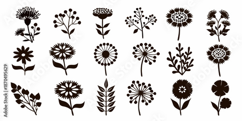 A collection of delicate floral silhouettes featuring various wildflower species