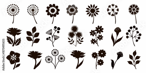 A collection of diverse black silhouette floral designs arranged in neat rows